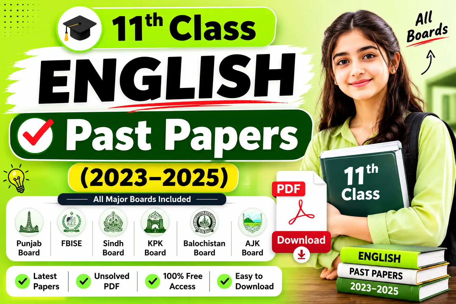this image is about 11th Class English Past Papers (2023-2025) — All Boards Unsolved PDF Downloads